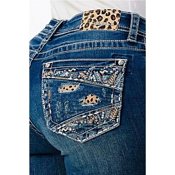Grace in LA Denim - Grace in LA Women's Leopard Insert Embroidered Distressted Bootcut Stretch Jeans